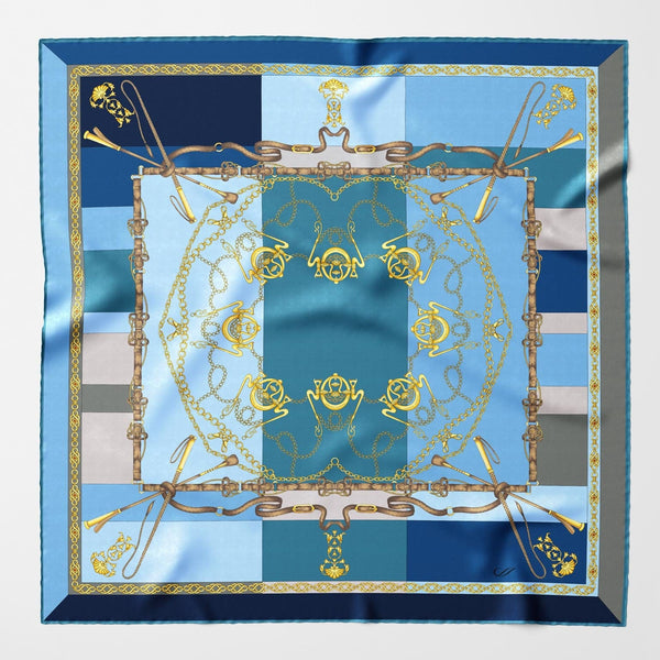 Italian Silk Satin Equestrian Scarf - Blue
