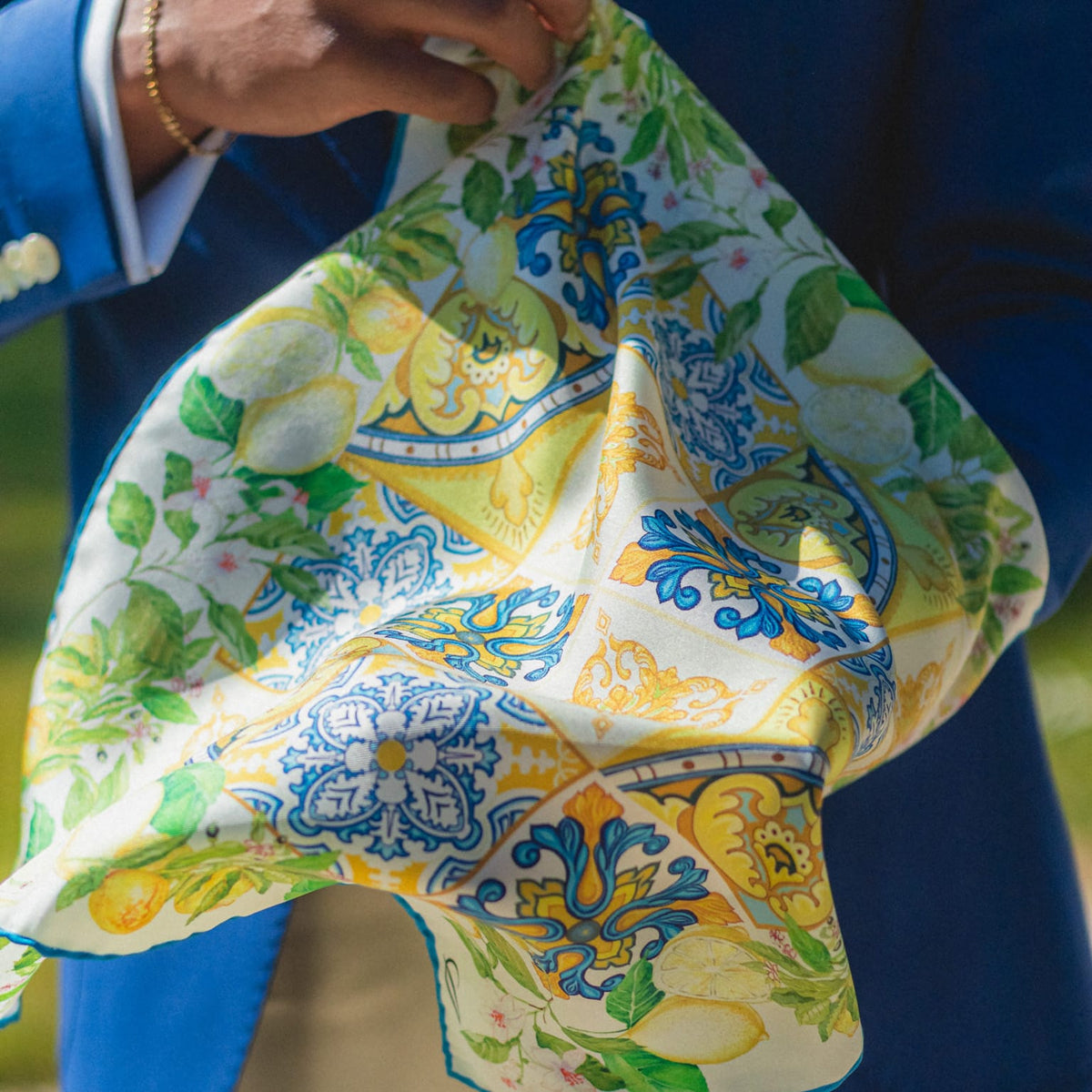 Italian Yellow and Blue Silk Pocket Square