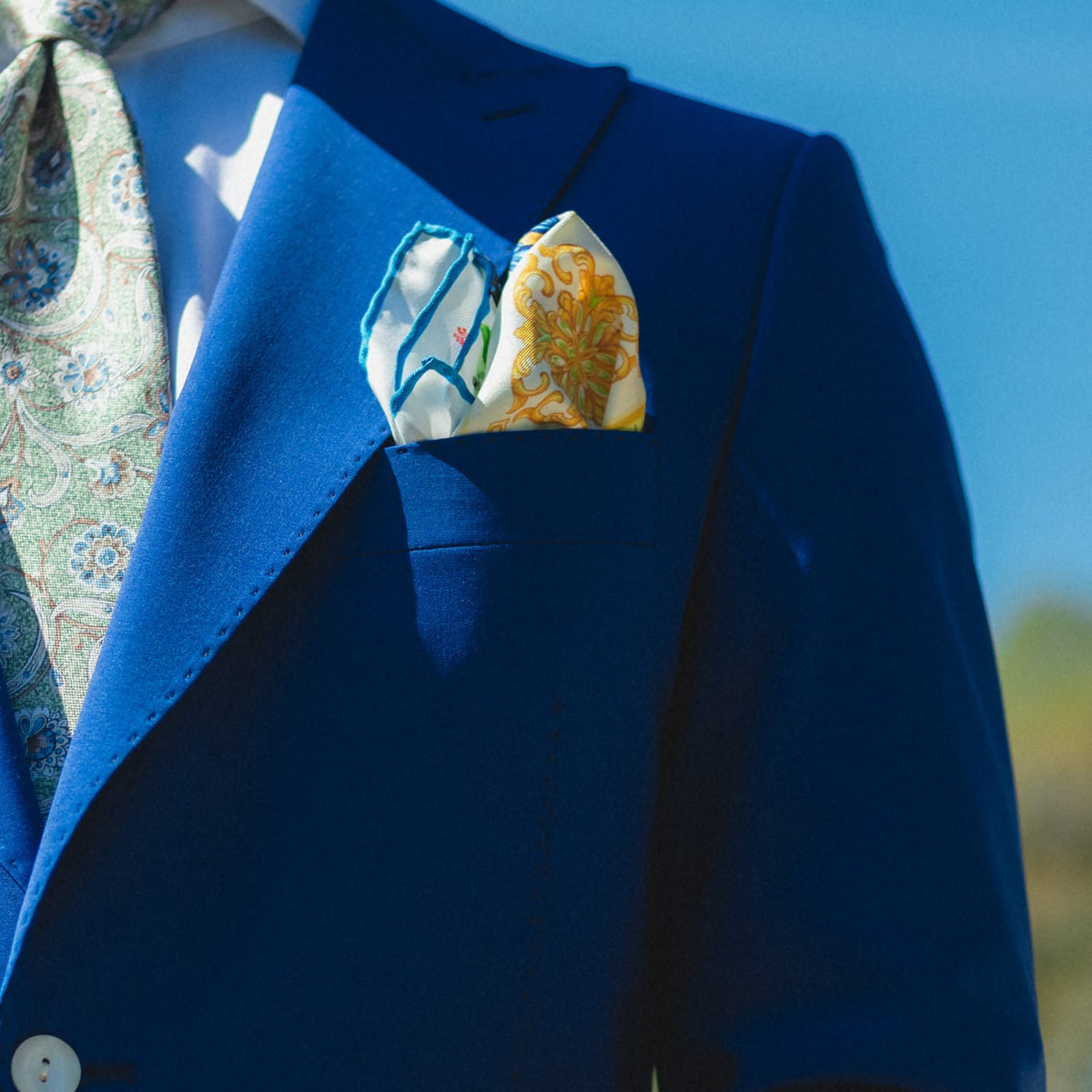 Italian Yellow and Blue Silk Pocket Square
