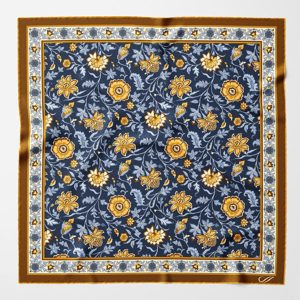 Navy Blue Floral Italian Silk Neckerchief - Elizabetta