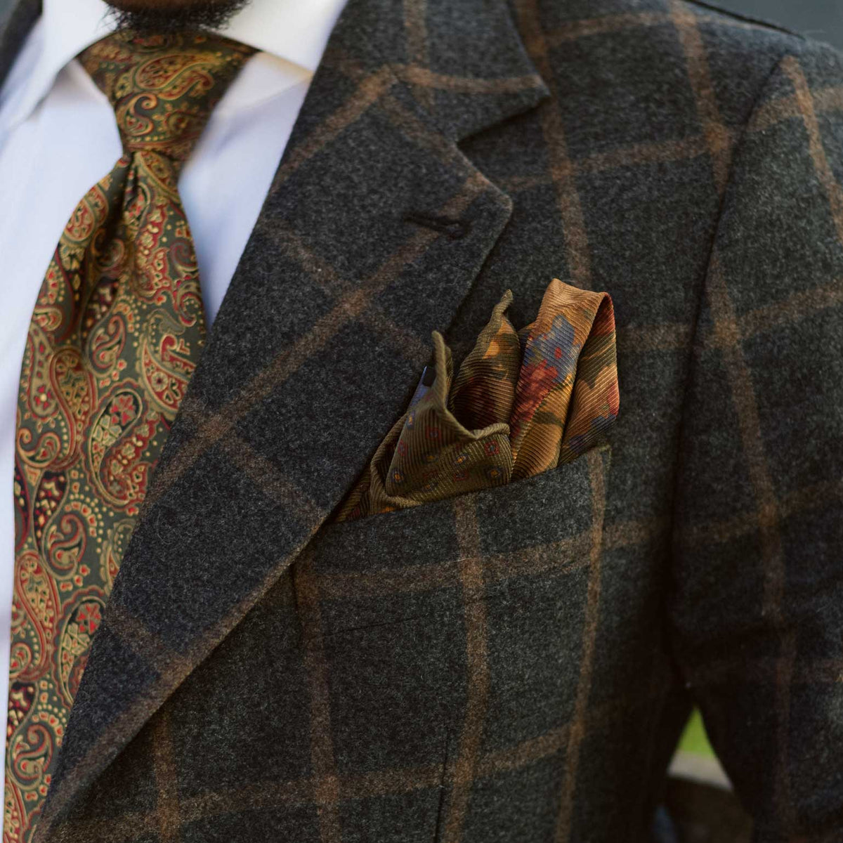 Double sided olive green madder silk handmade pocket square