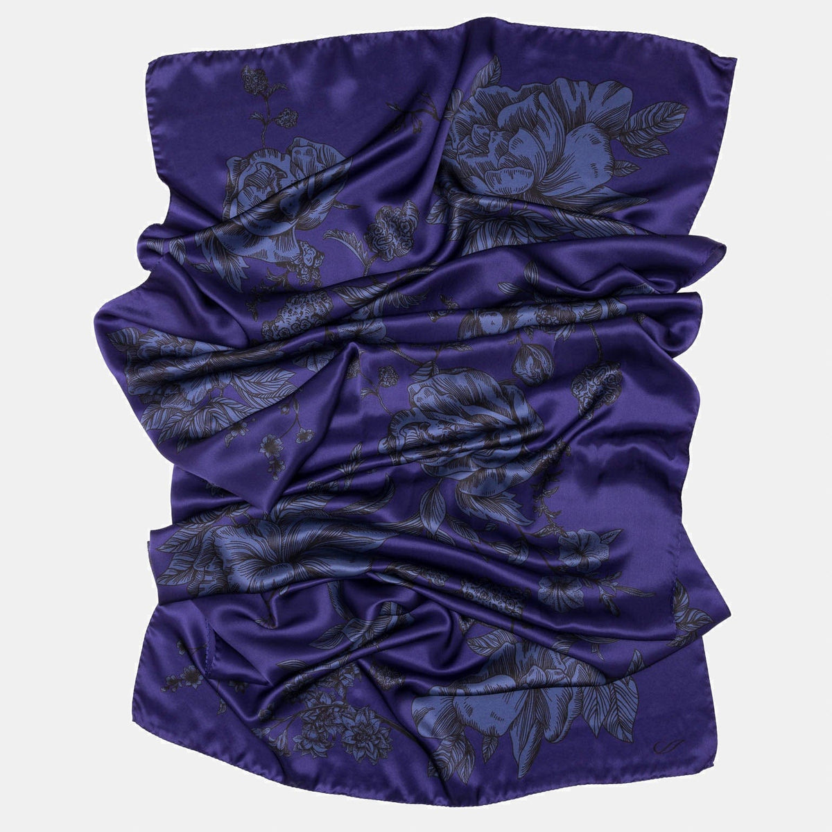 Indigo Floral Italian Silk Satin Shawl