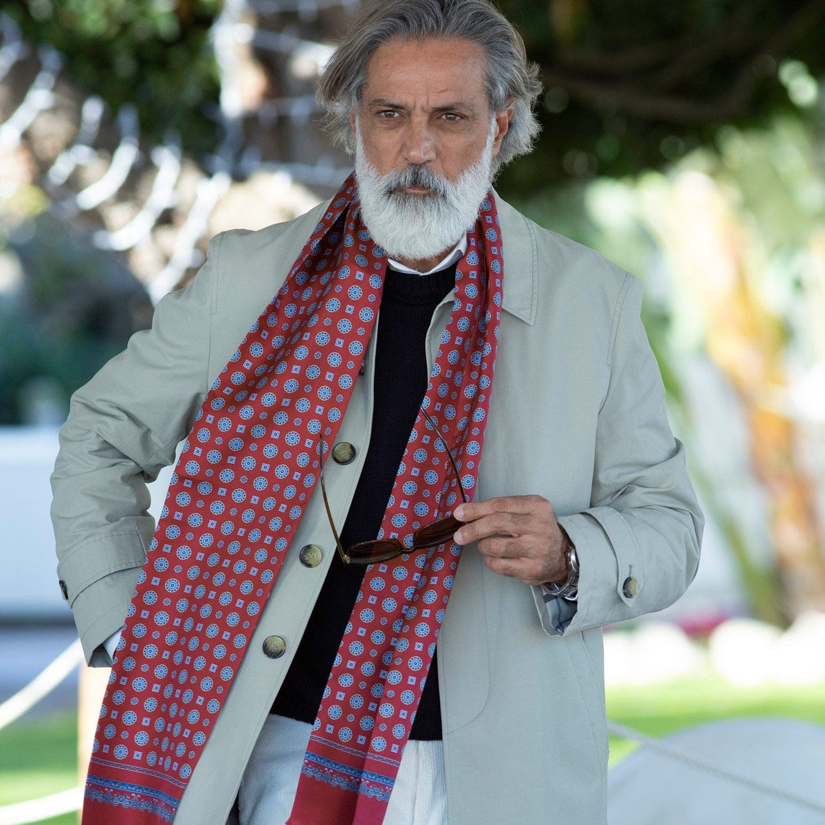 Red narrow Italian silk scarf for men