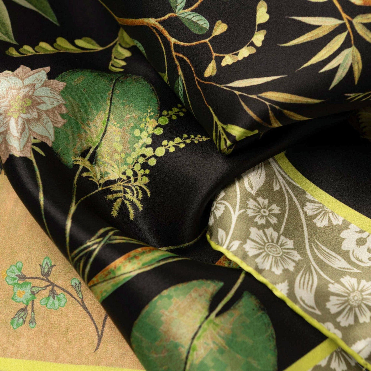 Black Botanical Print Italian Silk Scarf