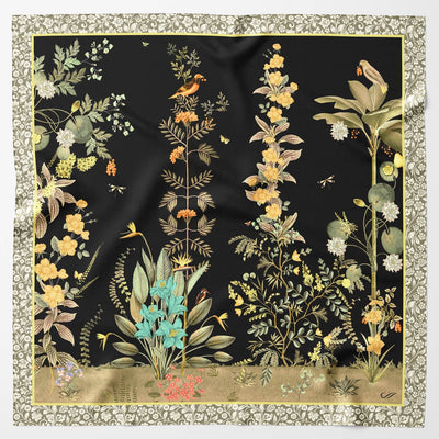 Black Botanical Print Italian Silk Scarf