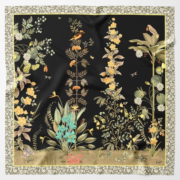 Black Botanical Print Italian Silk Scarf