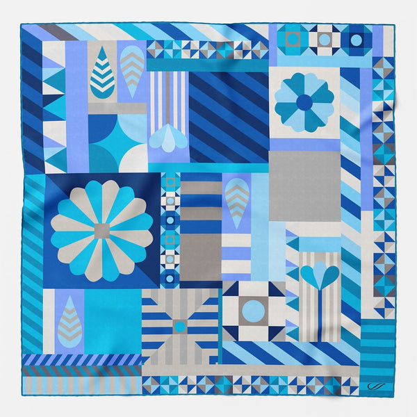 Women's Geometric Blue Silk Bandana