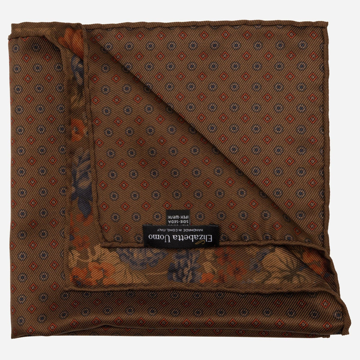 Double Sided Silk Pocket Square Floral Brown