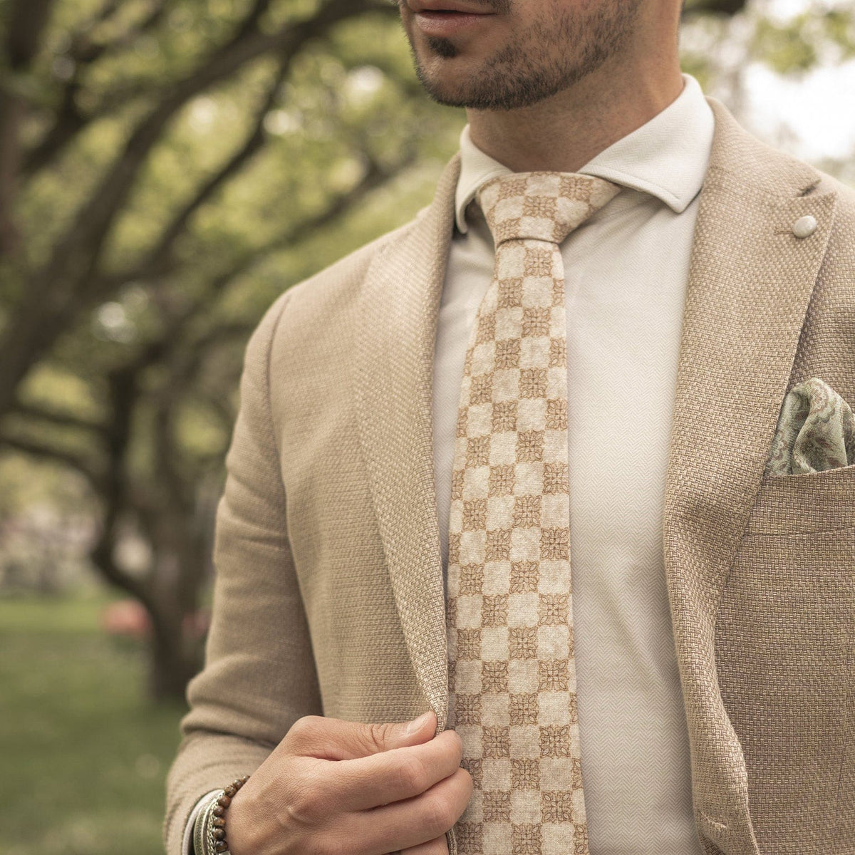Handmade Italian Tie Beige Checkered
