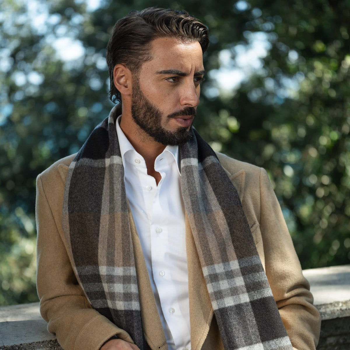 Tan Plaid Wool Cashmere Scarf