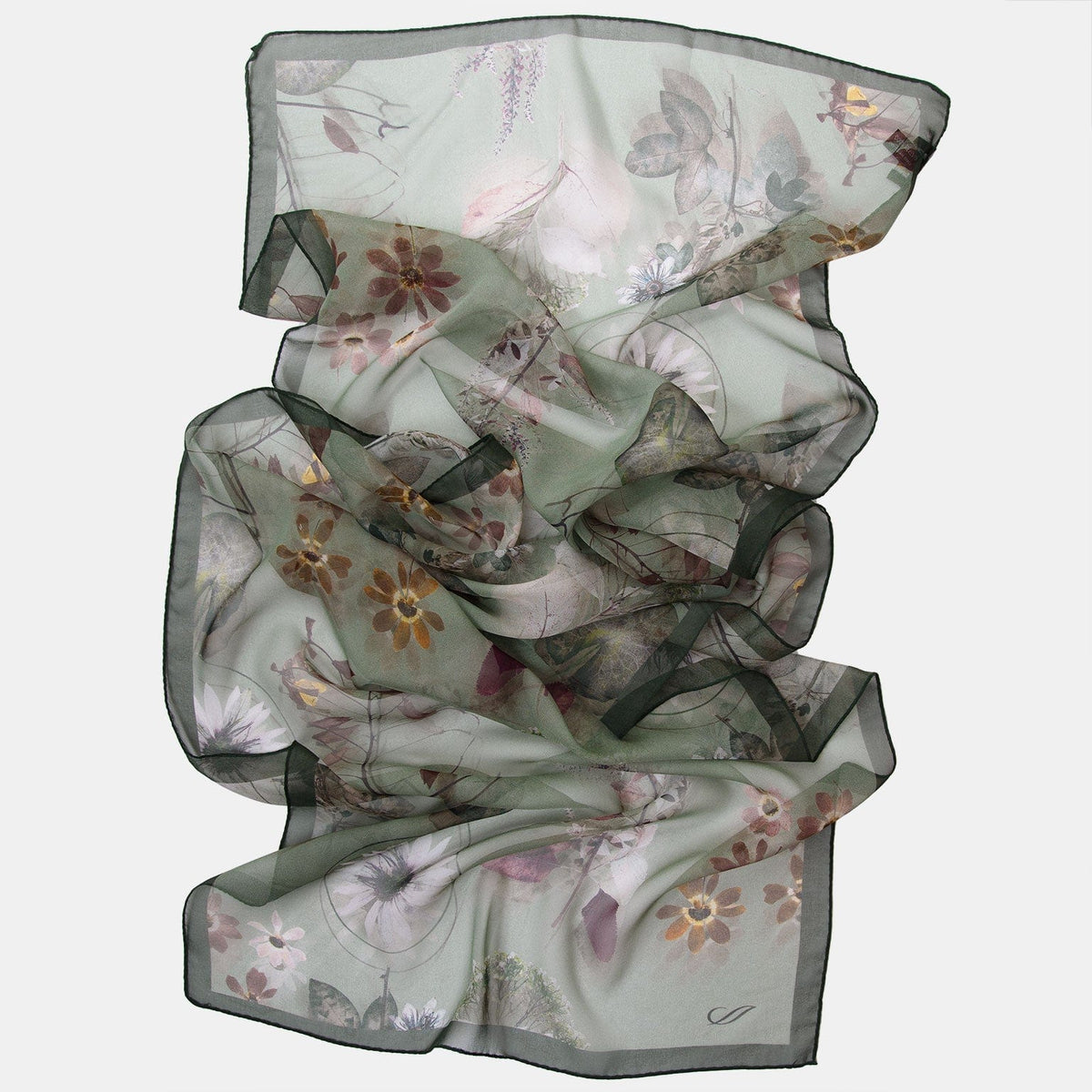 Women's Italian Long Silk Scarf Green Floral