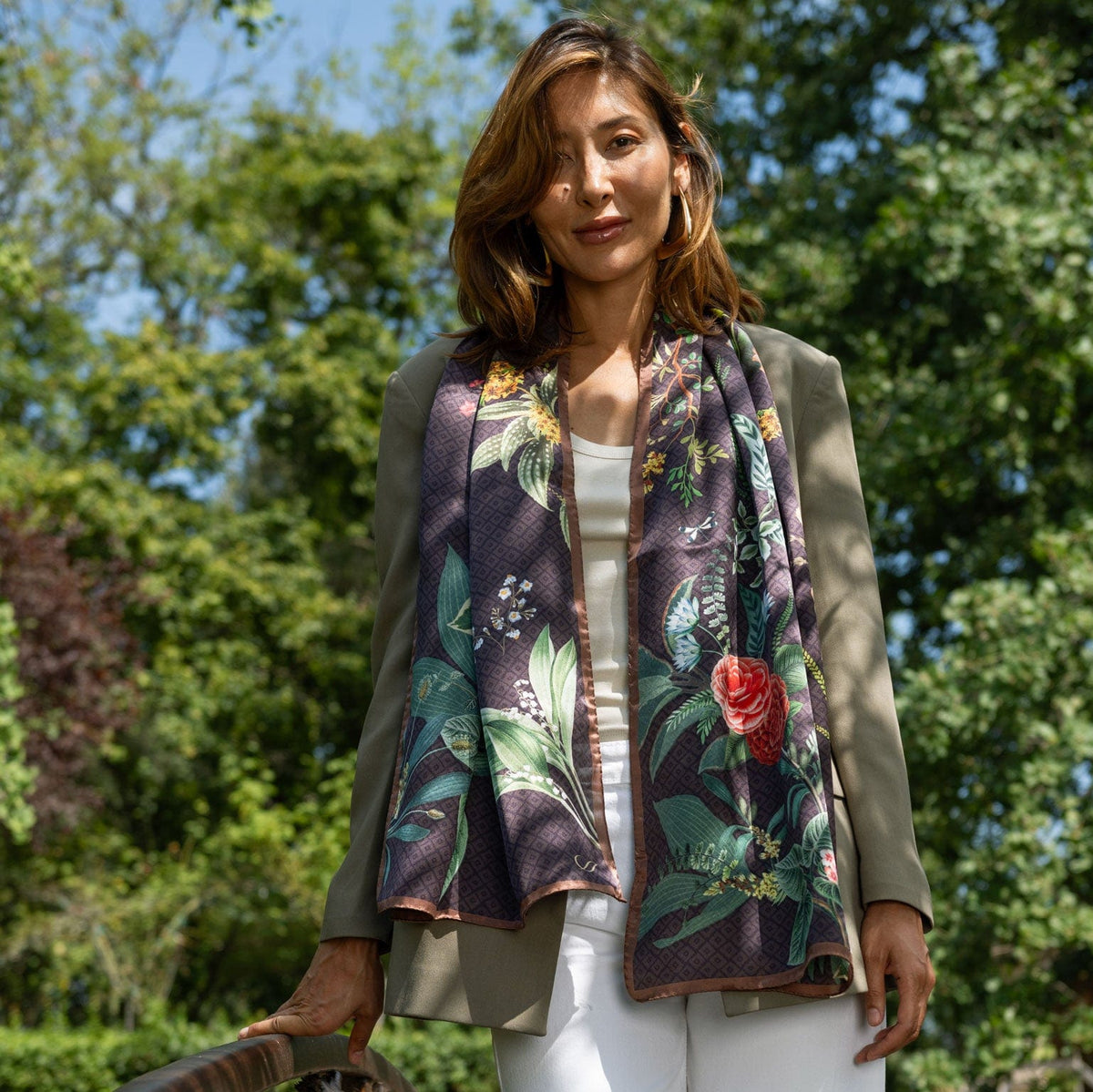 Women's elegant luxury brown floral print Italian silk fashion scarf