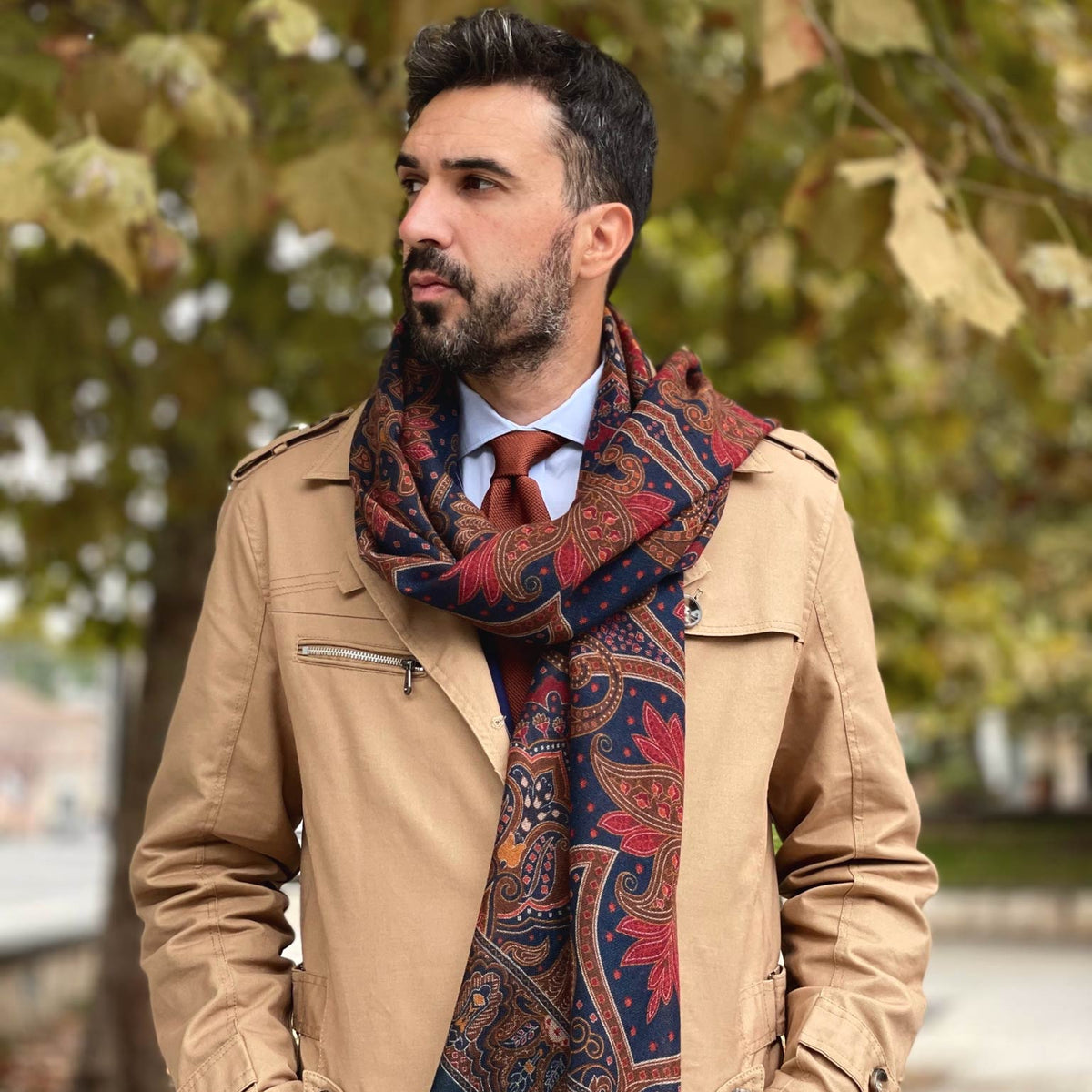 Large Lightweight Blue Burgundy Paisley Italian Wool Scarf