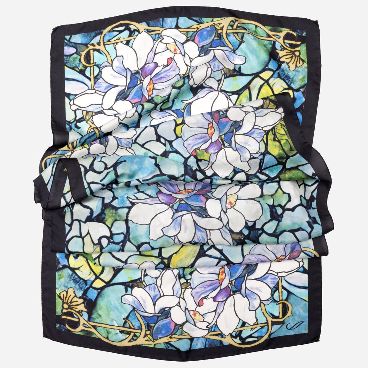 Blue Floral Print Long Silk Scarf