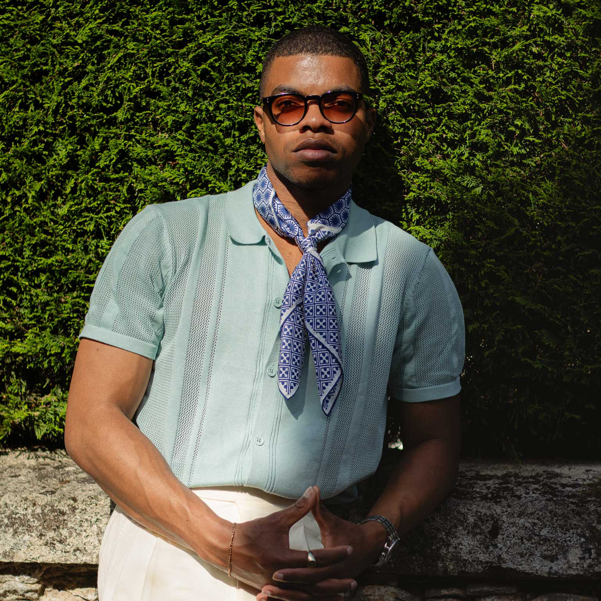 Men's blue and white luxury silk neck scarf bandana