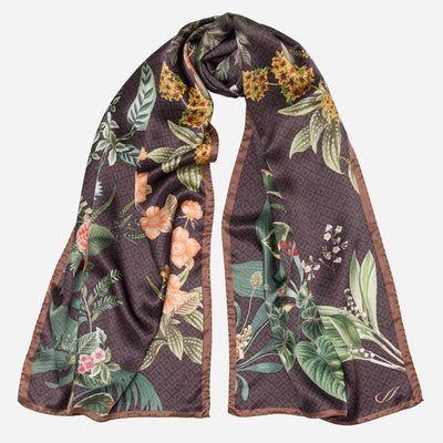 Brown Floral Silk Satin Long Scarf