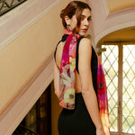 Womens Long Silk Scarf - Coral Floral Print