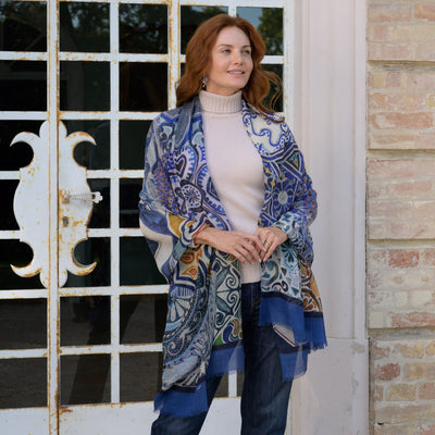 Blue Italian Designer Wool Scarf