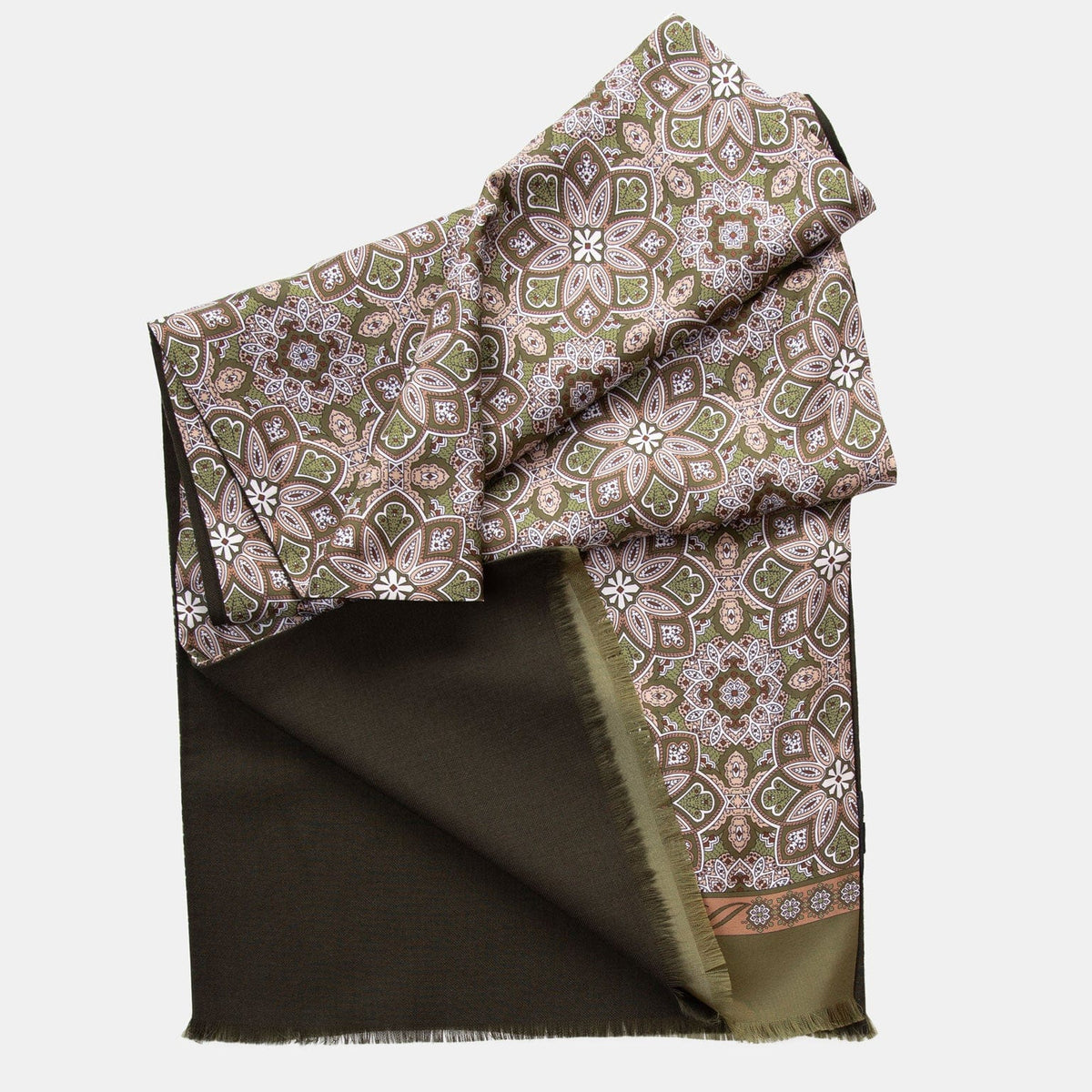 Olive Green Reversible Silk Wool Scarf -  Made in Italy