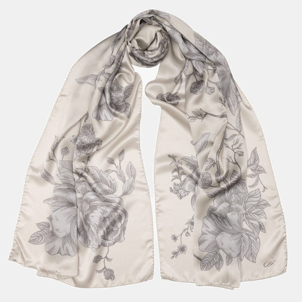 Pearl Grey Floral Italian Silk Satin Shawl