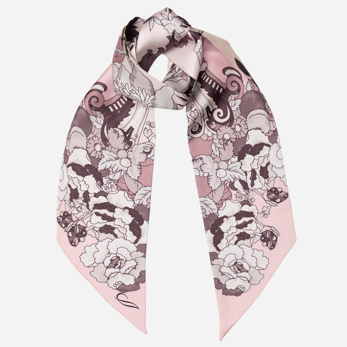 Italian Skinny Silk Scarf Floral Pink