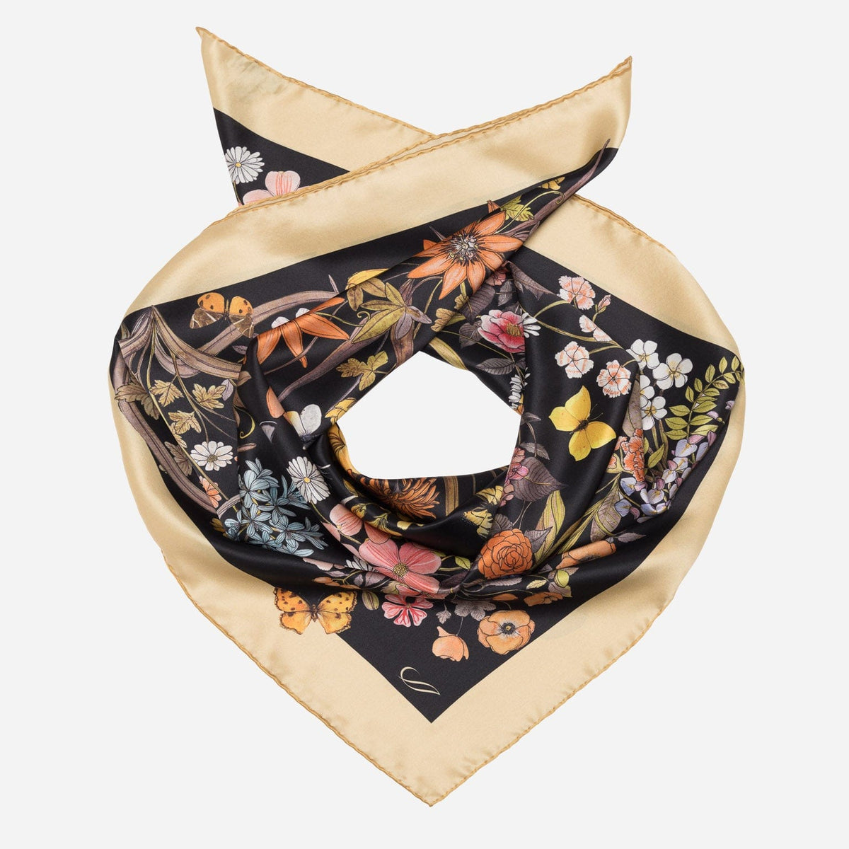 Black Botanical Print Silk Scarf