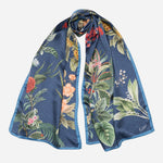 Blue Floral Silk Satin Long Scarf
