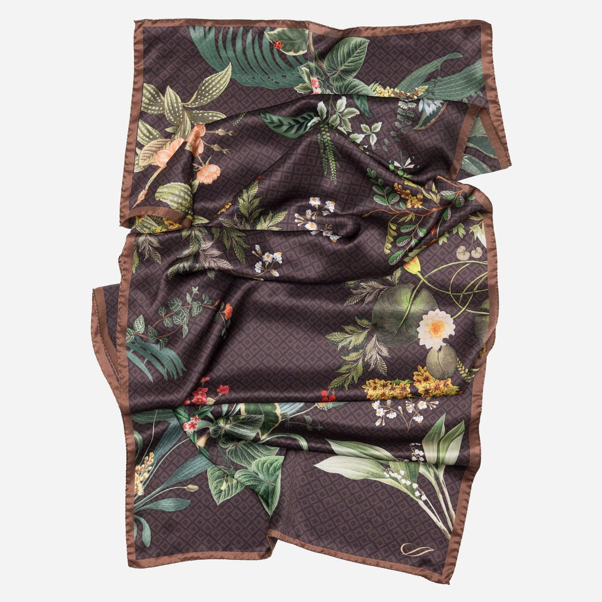 Brown Floral Silk Satin Long Scarf