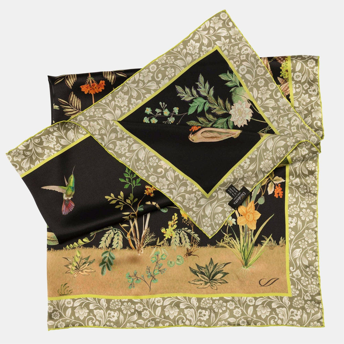 Black Botanical Print Italian Silk Scarf