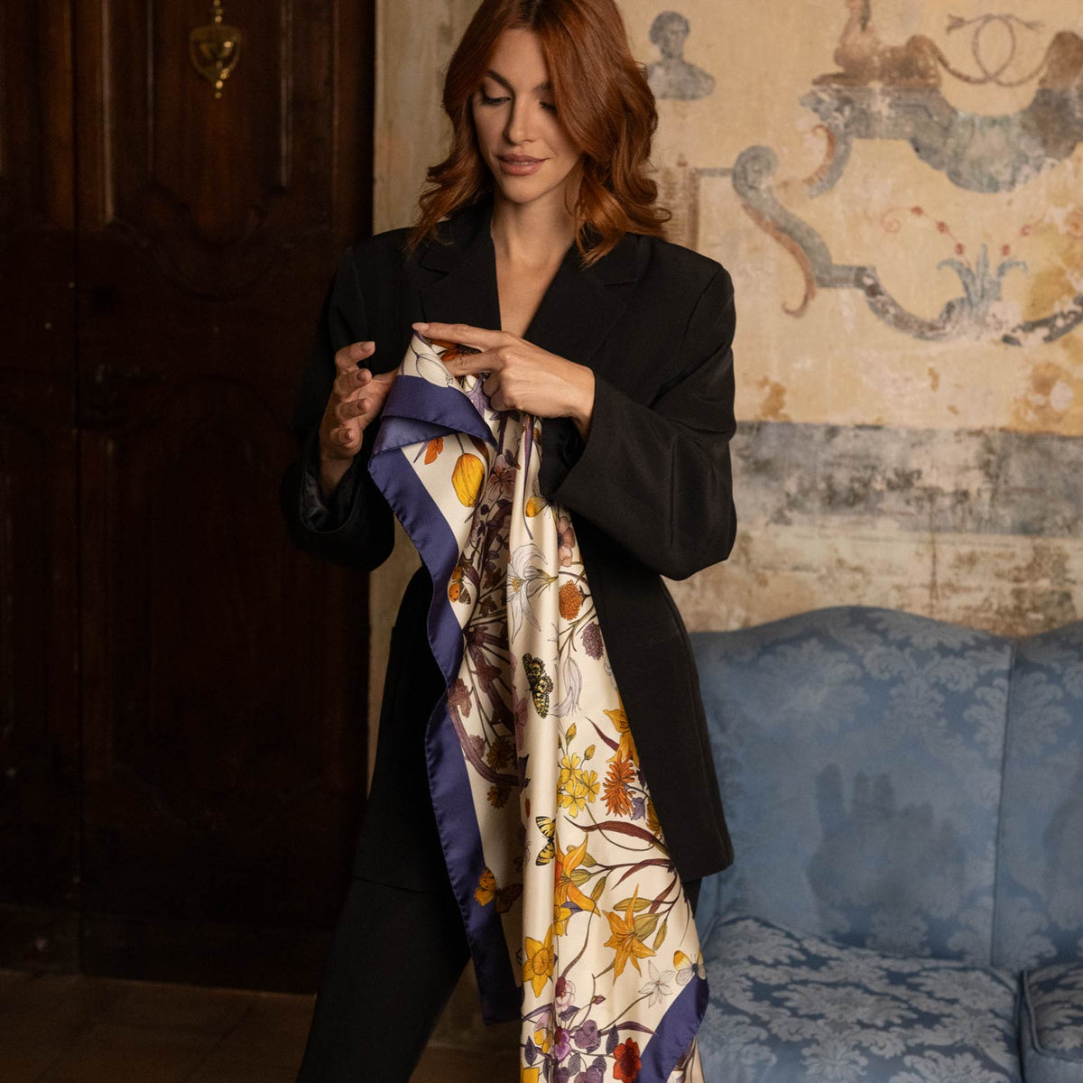 Dark Violet Botanical Print Silk Scarf