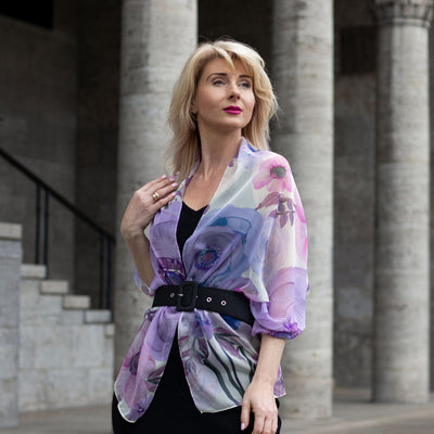Italian Silk Georgette Scarf - Lavender Floral