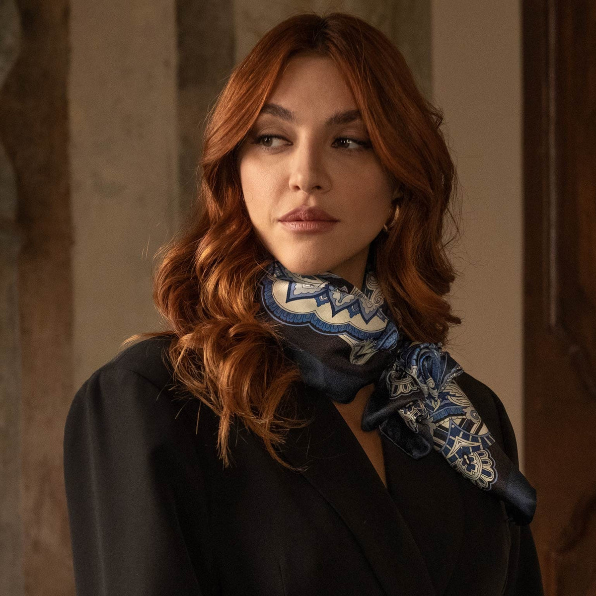 Italian Silk Satin Equestrian Square Scarf - Blue