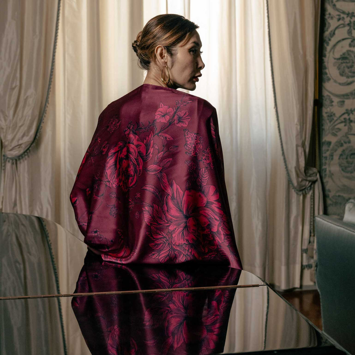 Luxury Italian silk dark red evening scarf shawl
