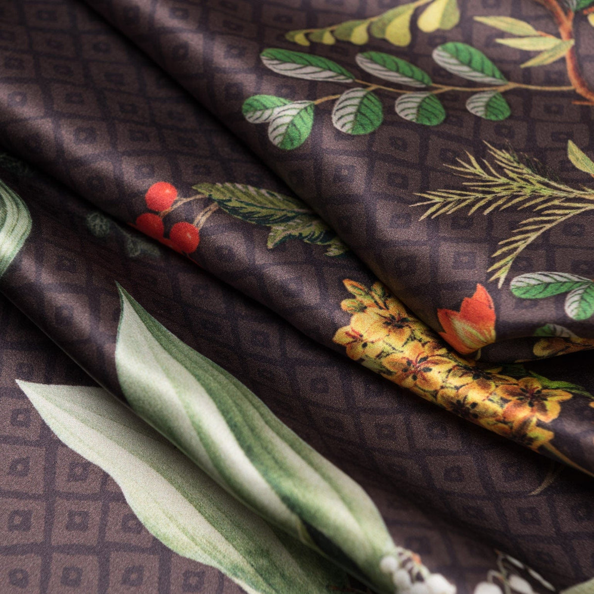 Brown Floral Silk Satin Long Scarf