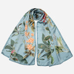 Sky Blue Floral Silk Satin Long Scarf