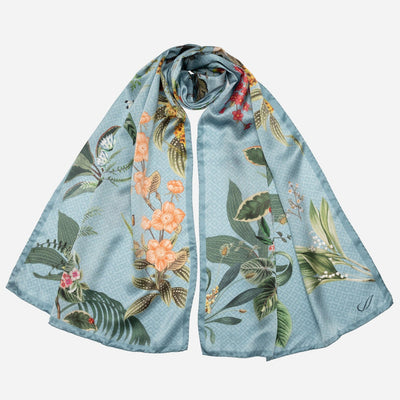 Sky Blue Floral Silk Satin Long Scarf