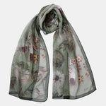Women's Italian Long Silk Scarf Green Floral
