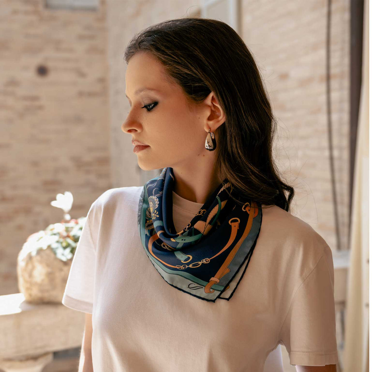 Luxury blue equestrian small silk neck scarf