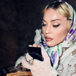 Madonna wearing Elizabetta's handmade Italian silk square head
scarf