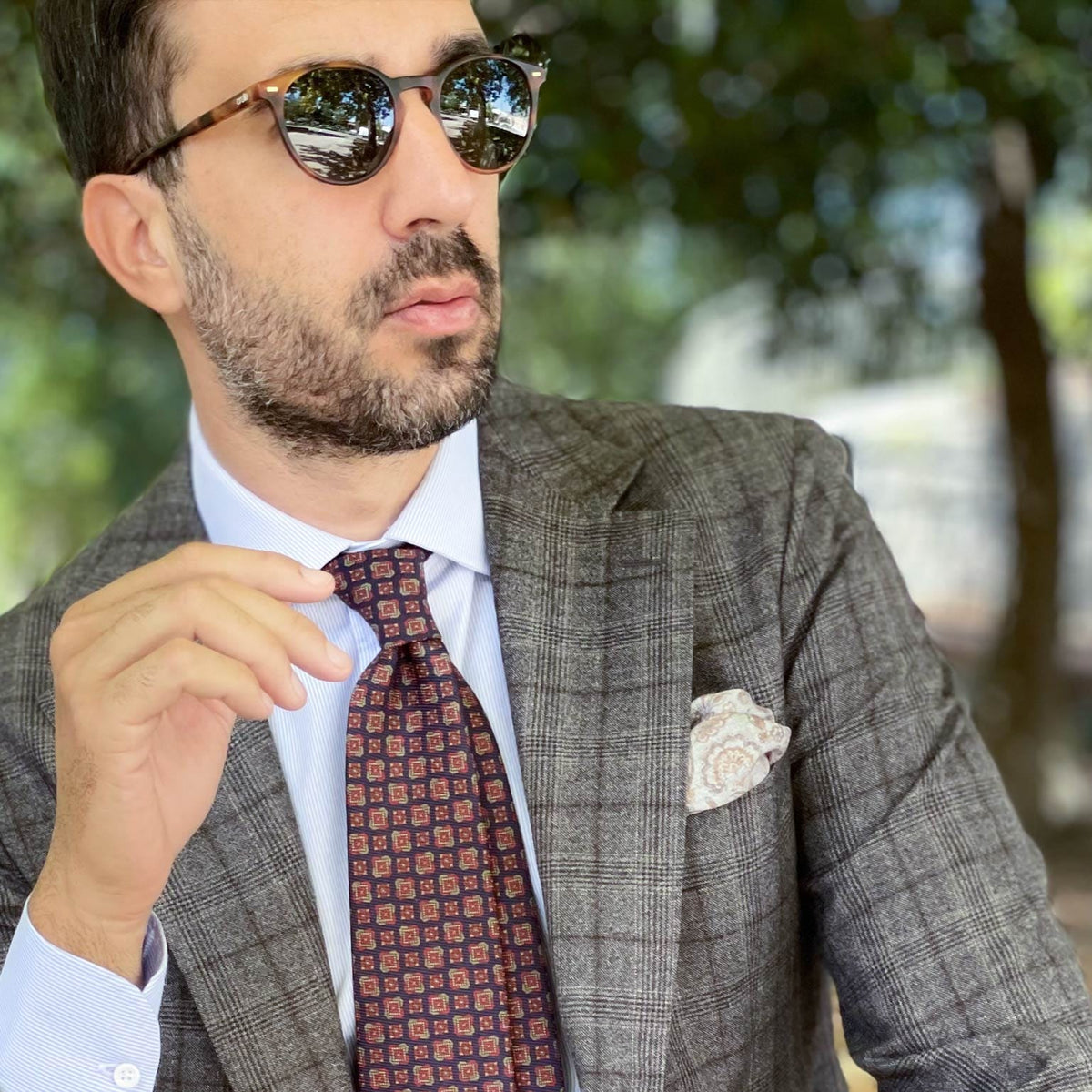 Handmade grey and bronze floral silk pocket square