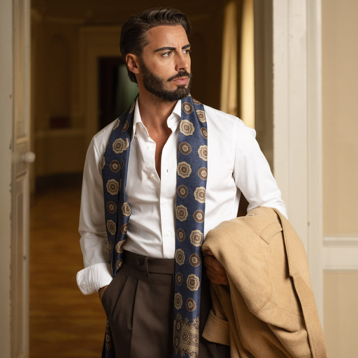 Italian Designer Men's Blue Silk Scarf