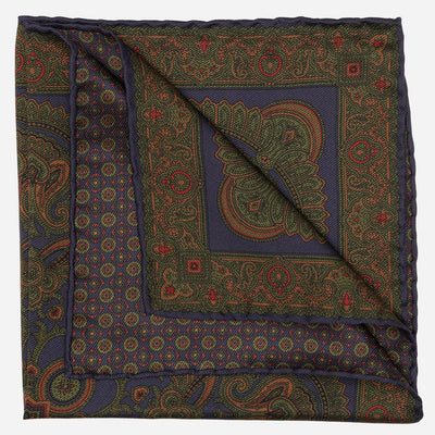 Navy Green Madder Silk Pocket Square