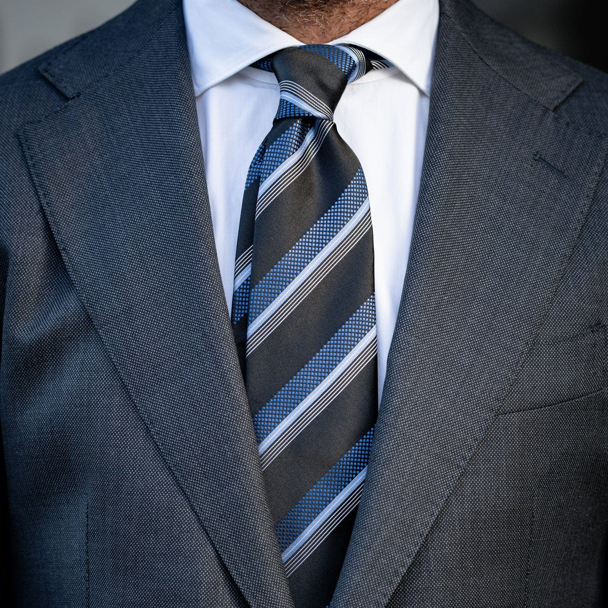 Men's woven blue and black stripe luxury handmade Italian silk necktie
