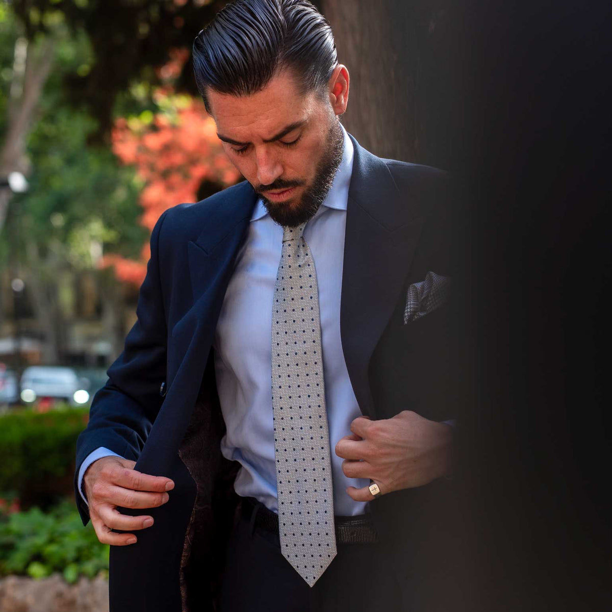 luxury handmade Italian silk grey polka dot tie