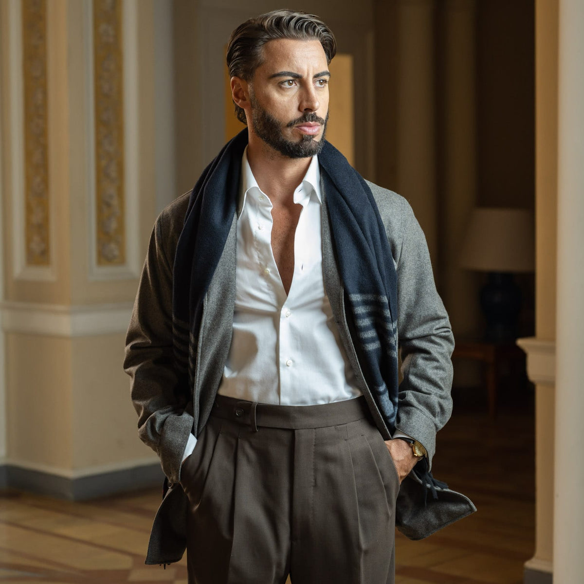 Navy Italian Wool Cashmere Scarf