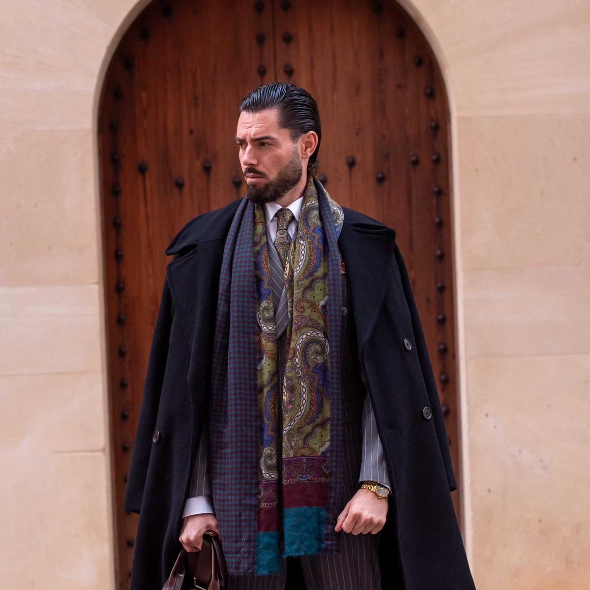 Men's large soft patterned wool scarf from Italy