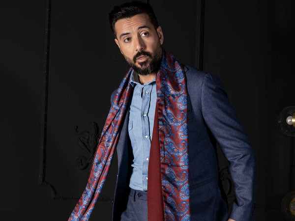 Double faced Italian silk wool scarf for men