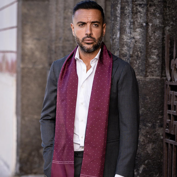 burgundy dress scarf Mattea Slinky And Mesh Maxi Dress With Scarf / Burgundy | MESHKI