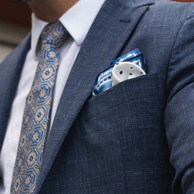 Men's white and blue large silk pocket square from Italy