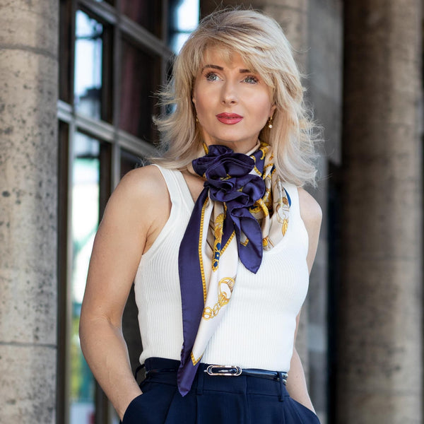 Fashion Scarves Navy Blue Neck Scarf Navy Equestrian Print Italian